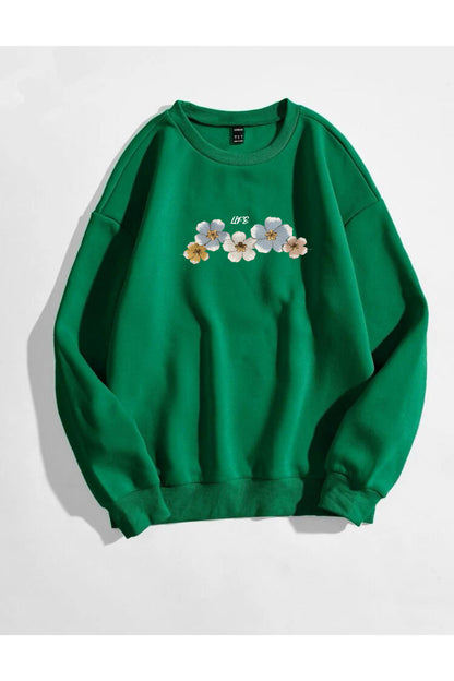 Life Menekşe Baskılı Bisiklet Yaka Sweatshirt