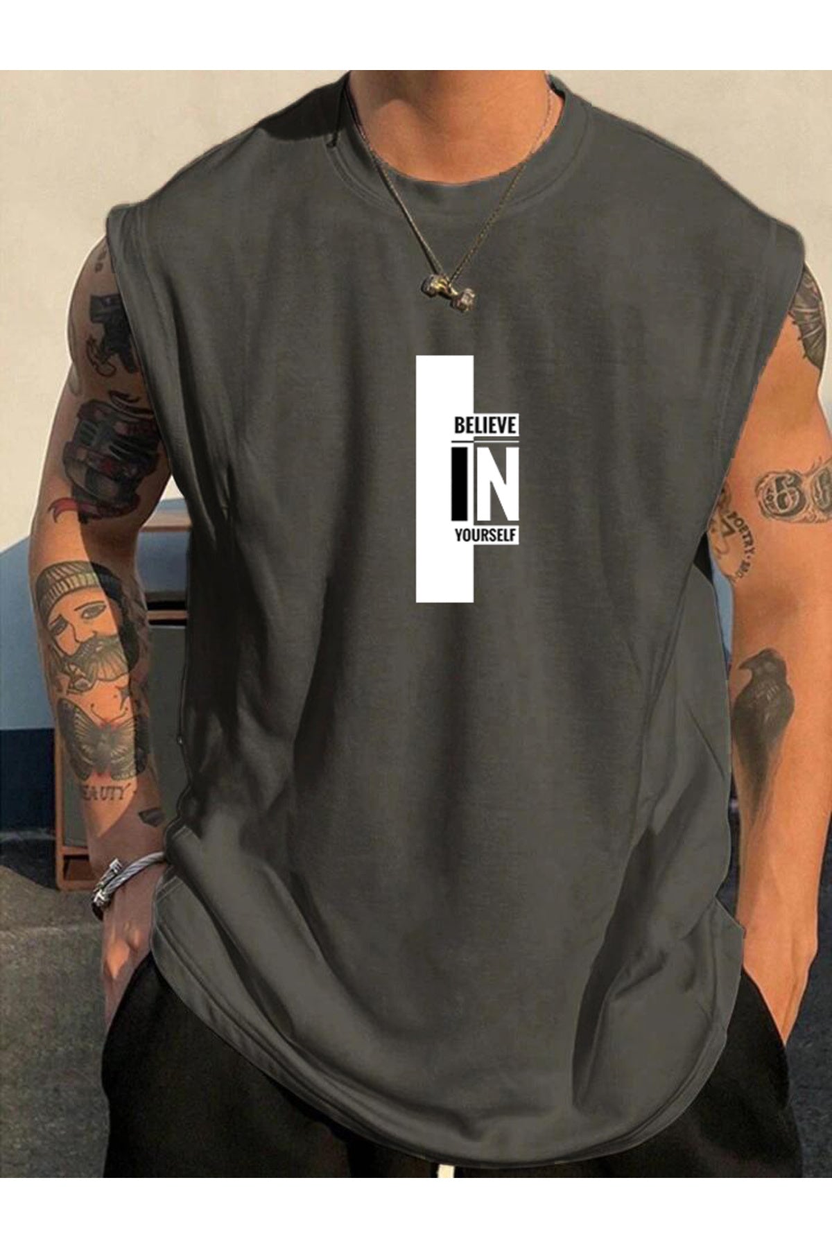 BELIEVE Baskılı Kolsuz Atlet Tshirt  Erkek Sıfır Kol Giyim Spor Giyim Oversize