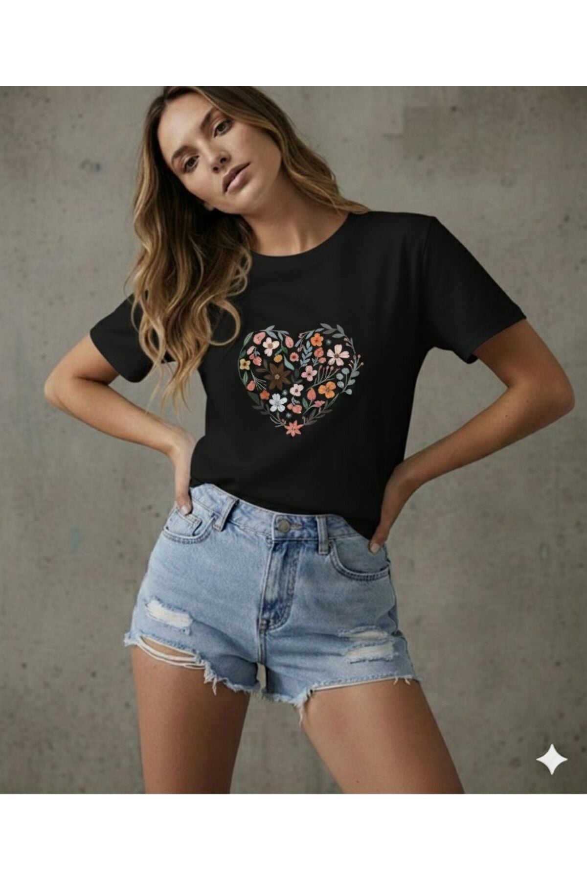 Kalp ve Laleler Baskılı Kadın Bisiklet Yaka Tshirt
