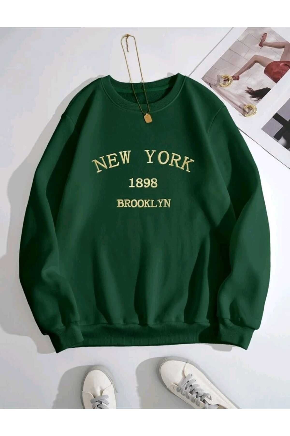 New York 1898 Baskılı Bisiklet Yaka Pamuklu Sweatshirt