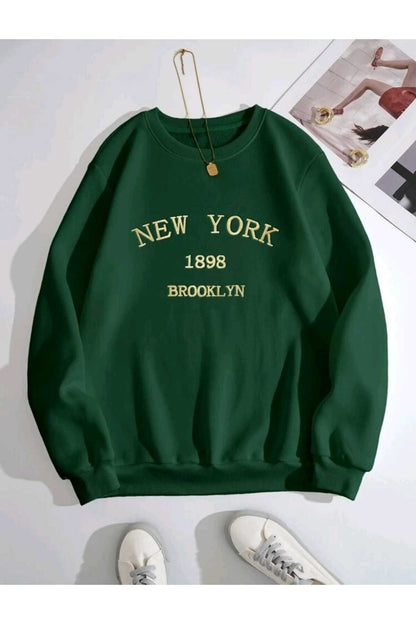 New York 1898 Baskılı Bisiklet Yaka Pamuklu Sweatshirt