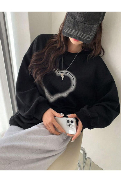 Kalp Baskılı Bisiklet Yaka Sweatshirt