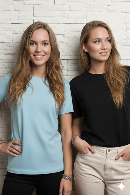 2'li Paket Kadın Regular Kalıp Pamuklu Bisiklet Yaka Basic T-Shirt