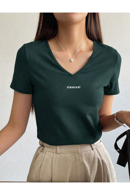 V Yaka Basic Pamuklu CLASSİCAL Baskılı Tshirt