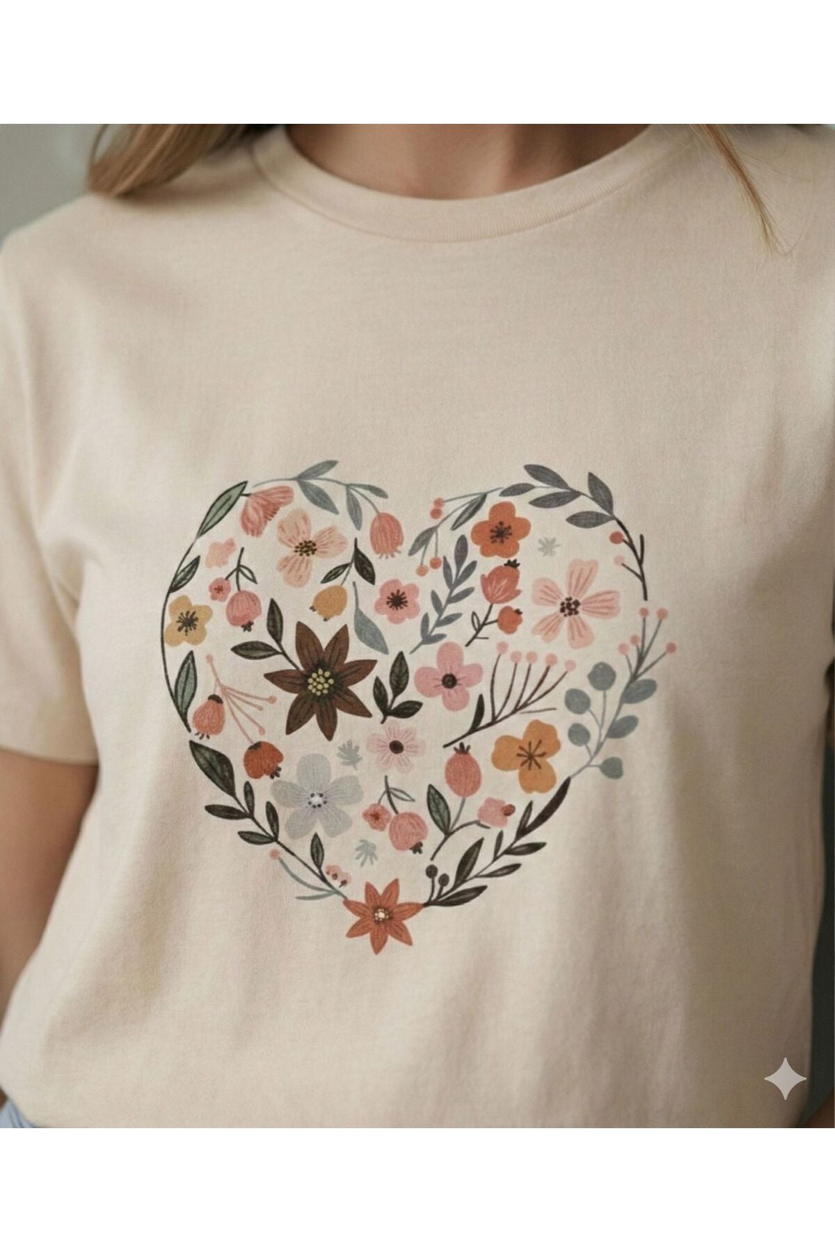 Kalp ve Laleler Baskılı Kadın Bisiklet Yaka Tshirt