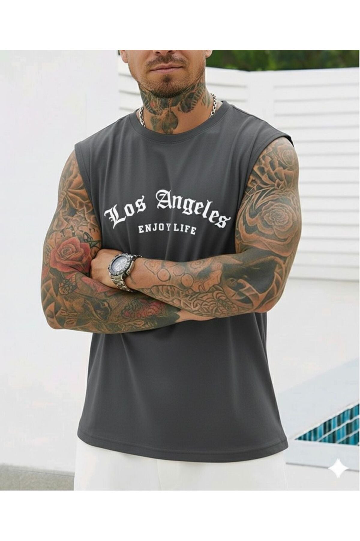 LOS ANGELES ENJOY LIFE Baskılı Erkek Sıfır Kol Sporcu Tshirt