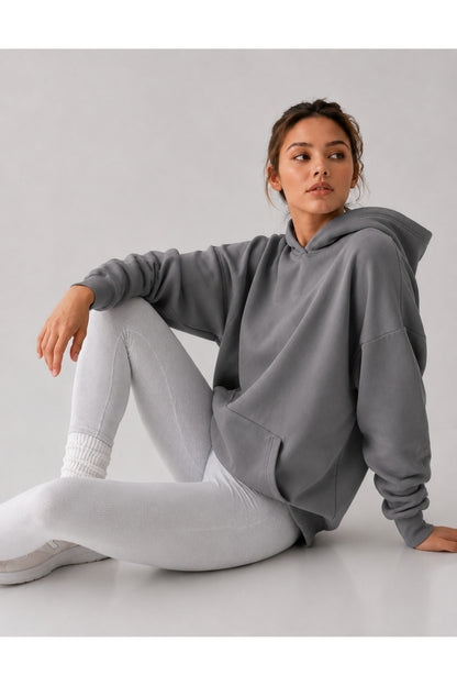 Düz Baskısız Üç İplik Kapüşonlu Kadın Sweatshirt