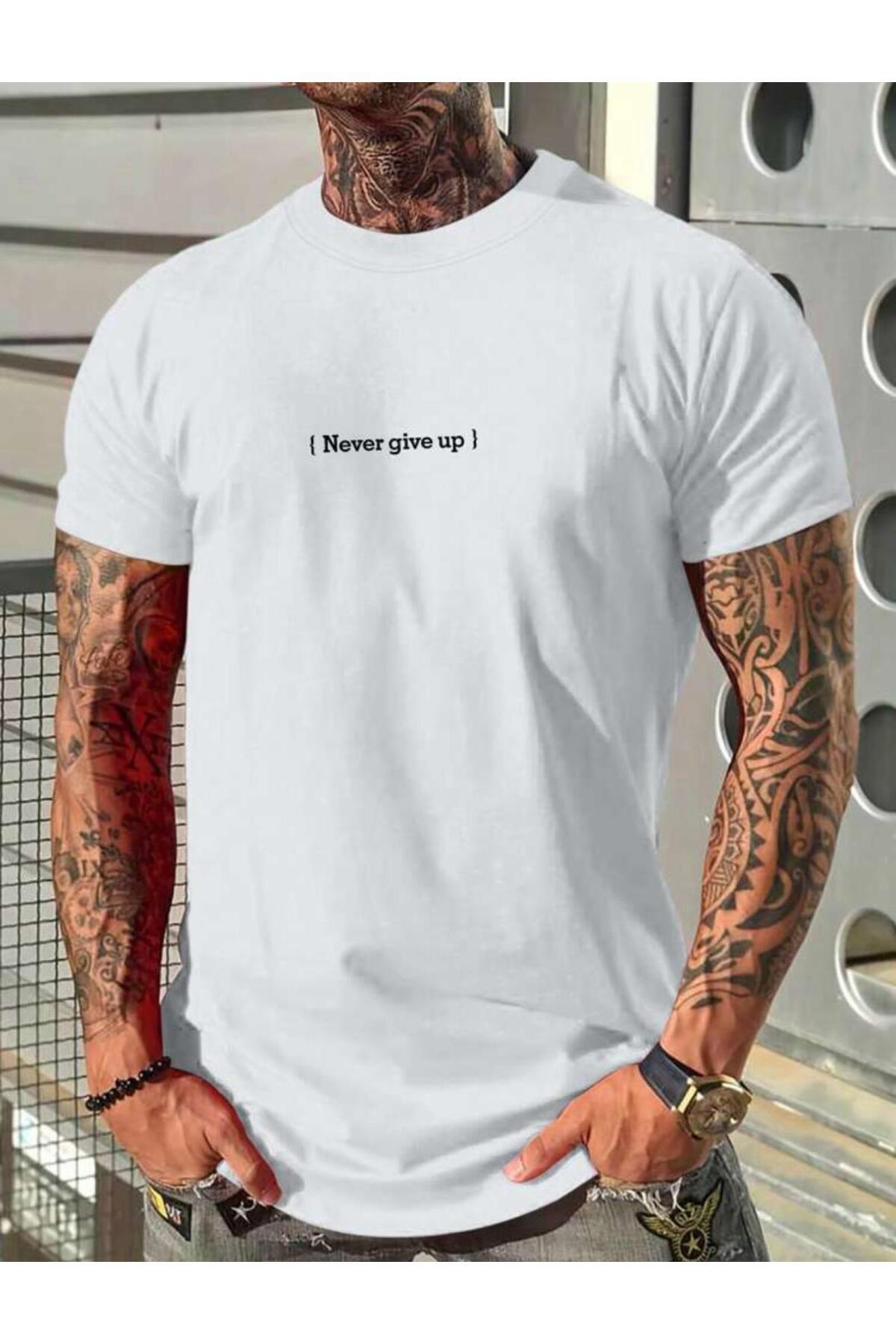 NEVER GİVE UP Baskılı Pamuklu Tshirt