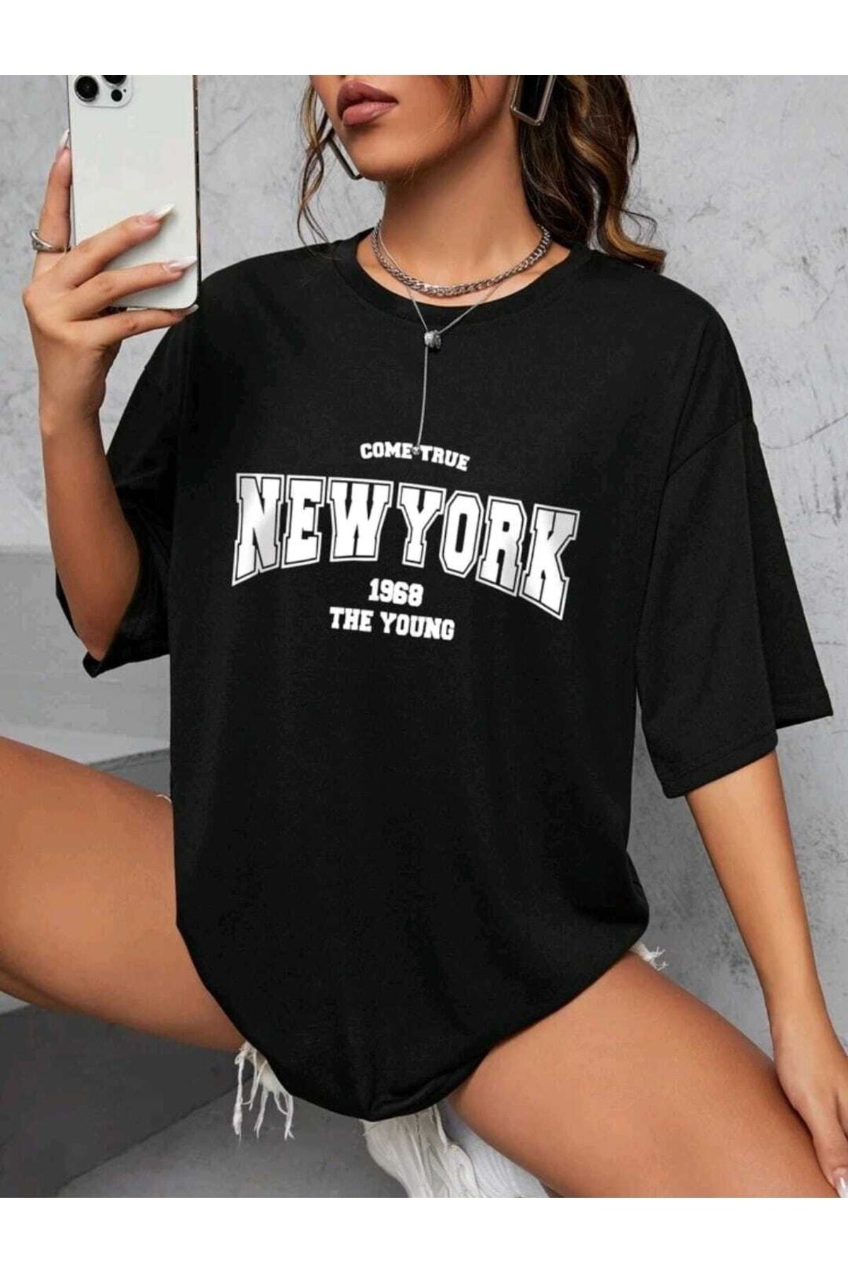 Come True New York Baskılı Oversize Spor Bisiklet Yaka Pamuklu Tshirt