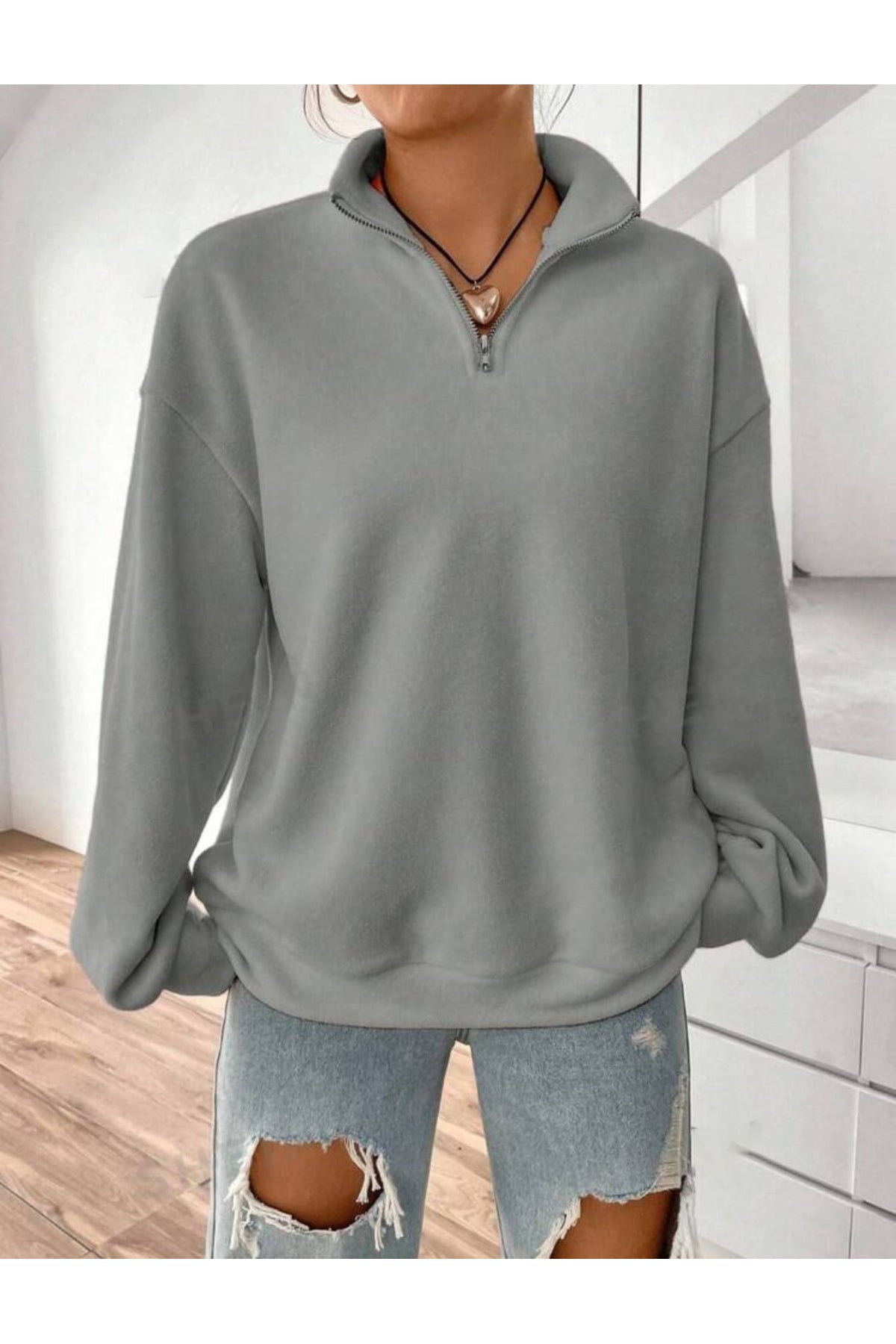 Dik Yaka Yarım Fermuarlı Düz Kazak Sweatshirt