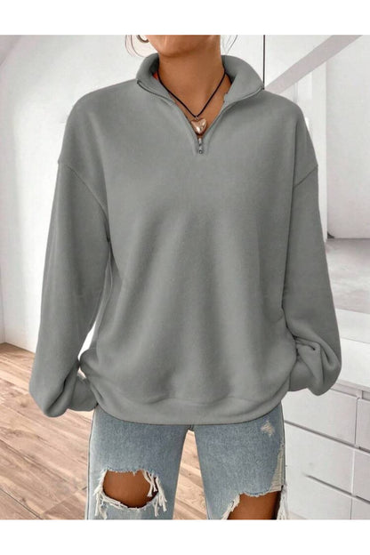 Dik Yaka Yarım Fermuarlı Düz Kazak Sweatshirt