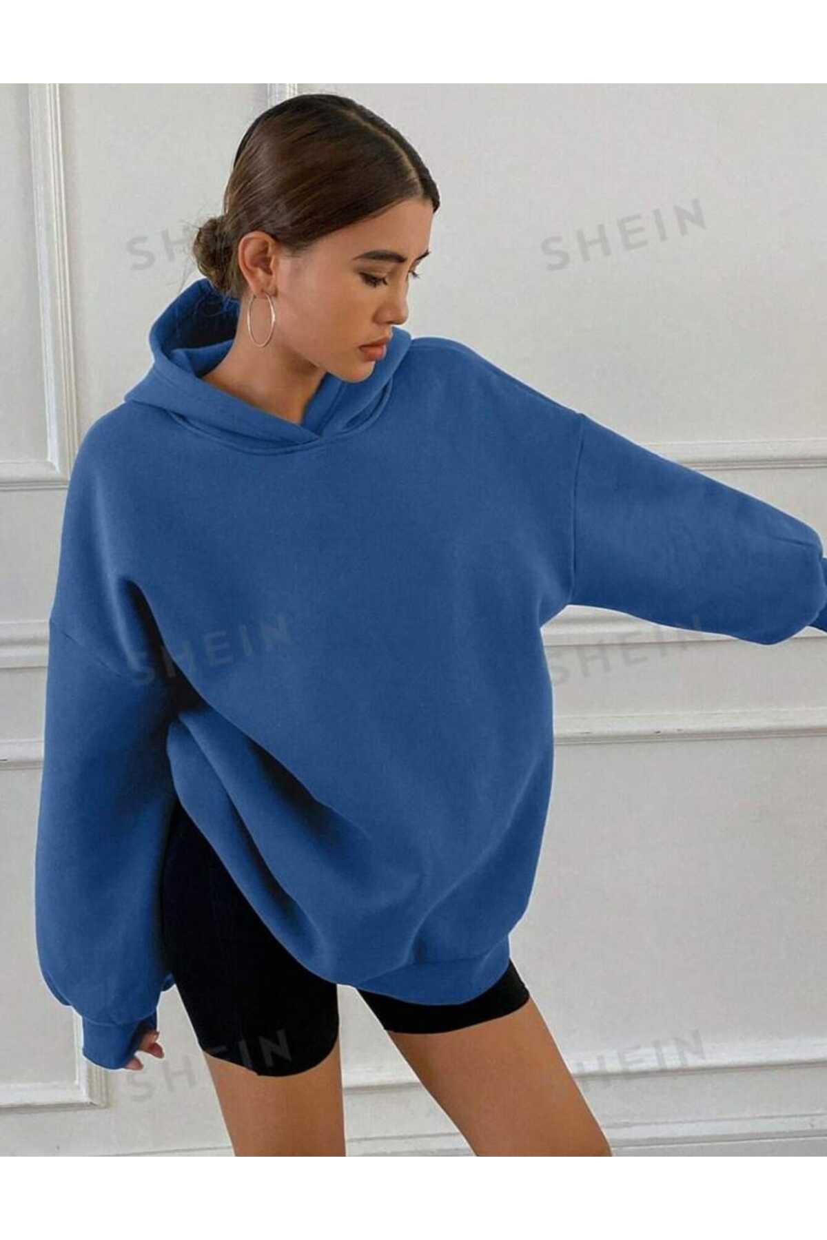 Kapüşonlu Düz Baskısız Giy Çık Oversize Kalıp Sweatshirt