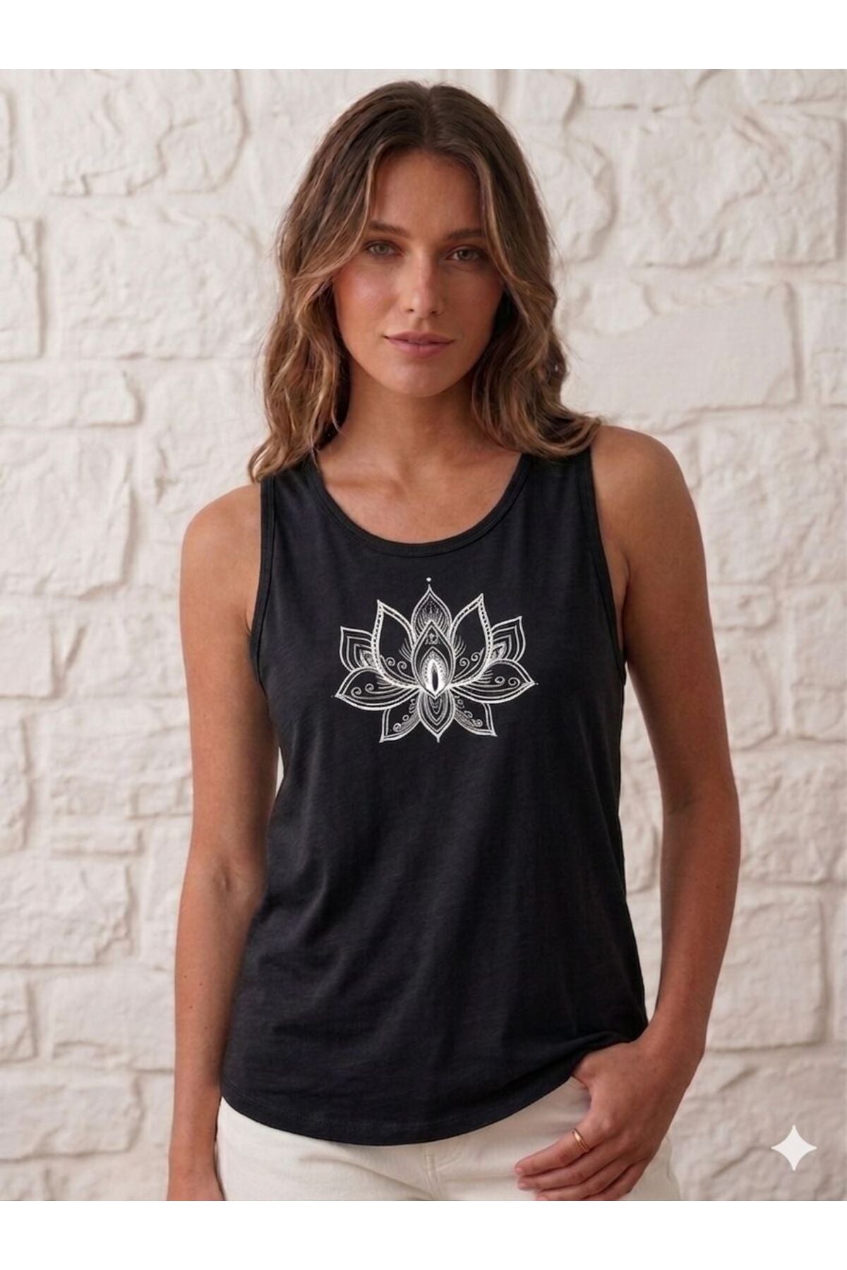 LOTUS Çiçeği Baskılı Kadın (Omuzu Açık) Slim Fit Askılı T-shirt