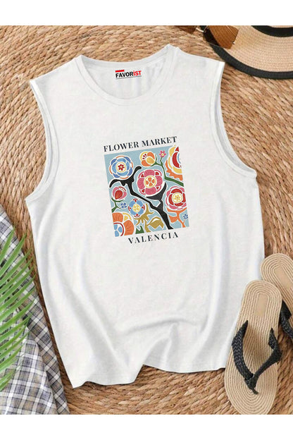 Şehrin Çiçekleri Omuzu Açık Kadın Pamuklu Kolsuz Yazlık T-shirt Atlet