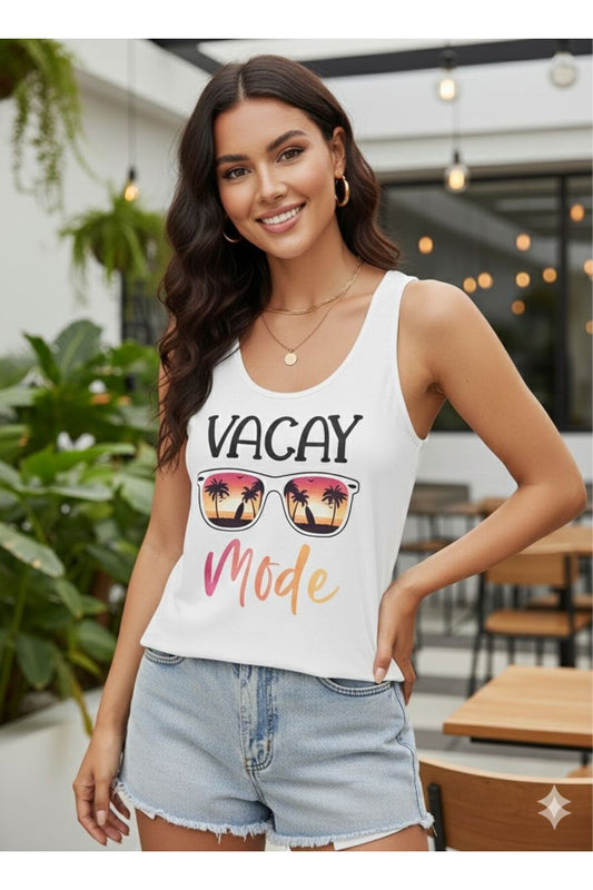 Vacay Mode Baskılı Kadın Beyaz Omuzu Açık Askılı Yazlık Pamuklu T-shirt