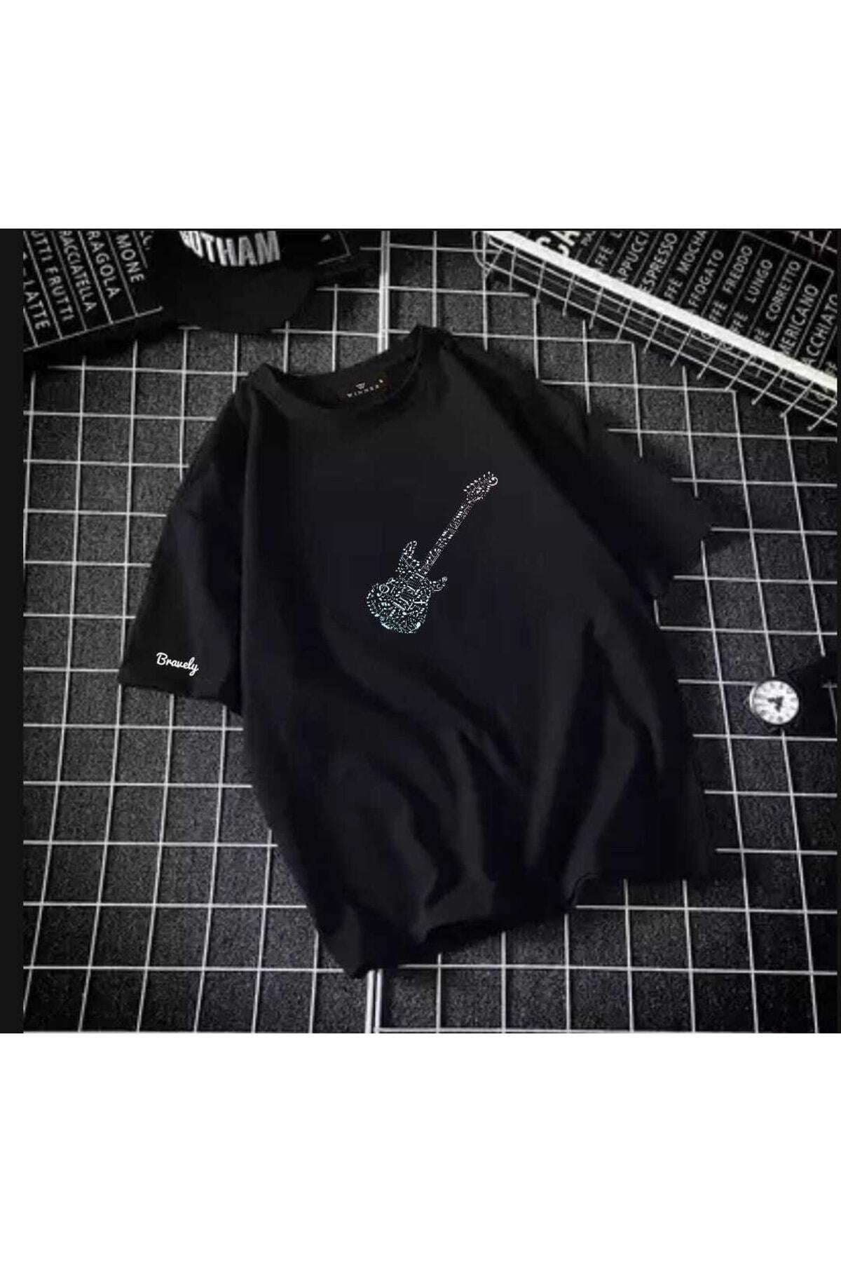 Gitar Elektro Oversize Pamuk Bisiklet Yaka Tshirt