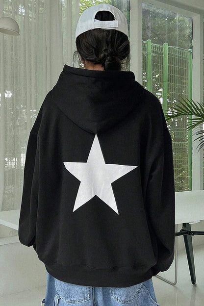 STAR Baskılı Oversize Kapşonlu Sweatshirt