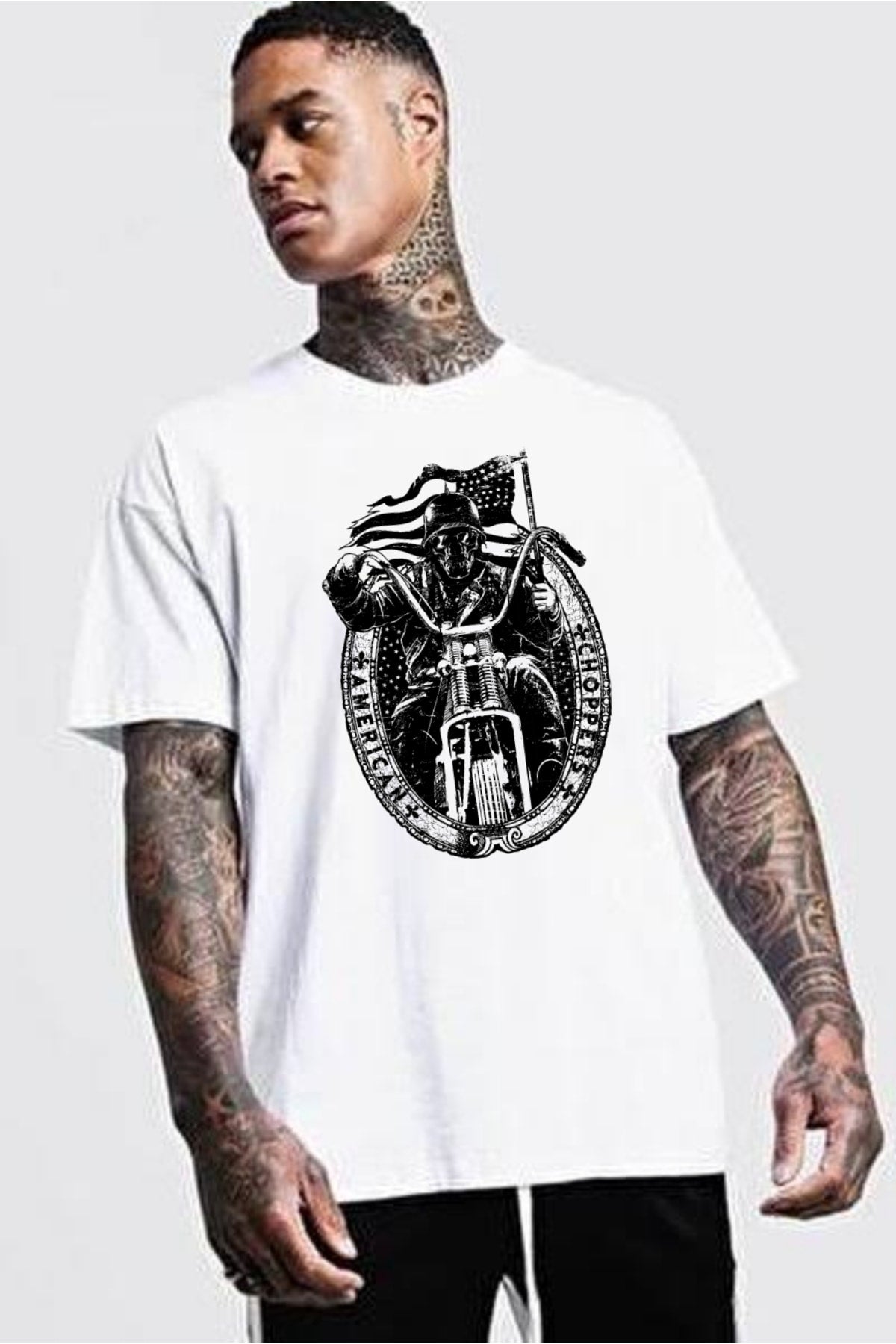Unisex Amerikan Motorcu Oversize Tshirt Bisiklet Yaka Pamuk