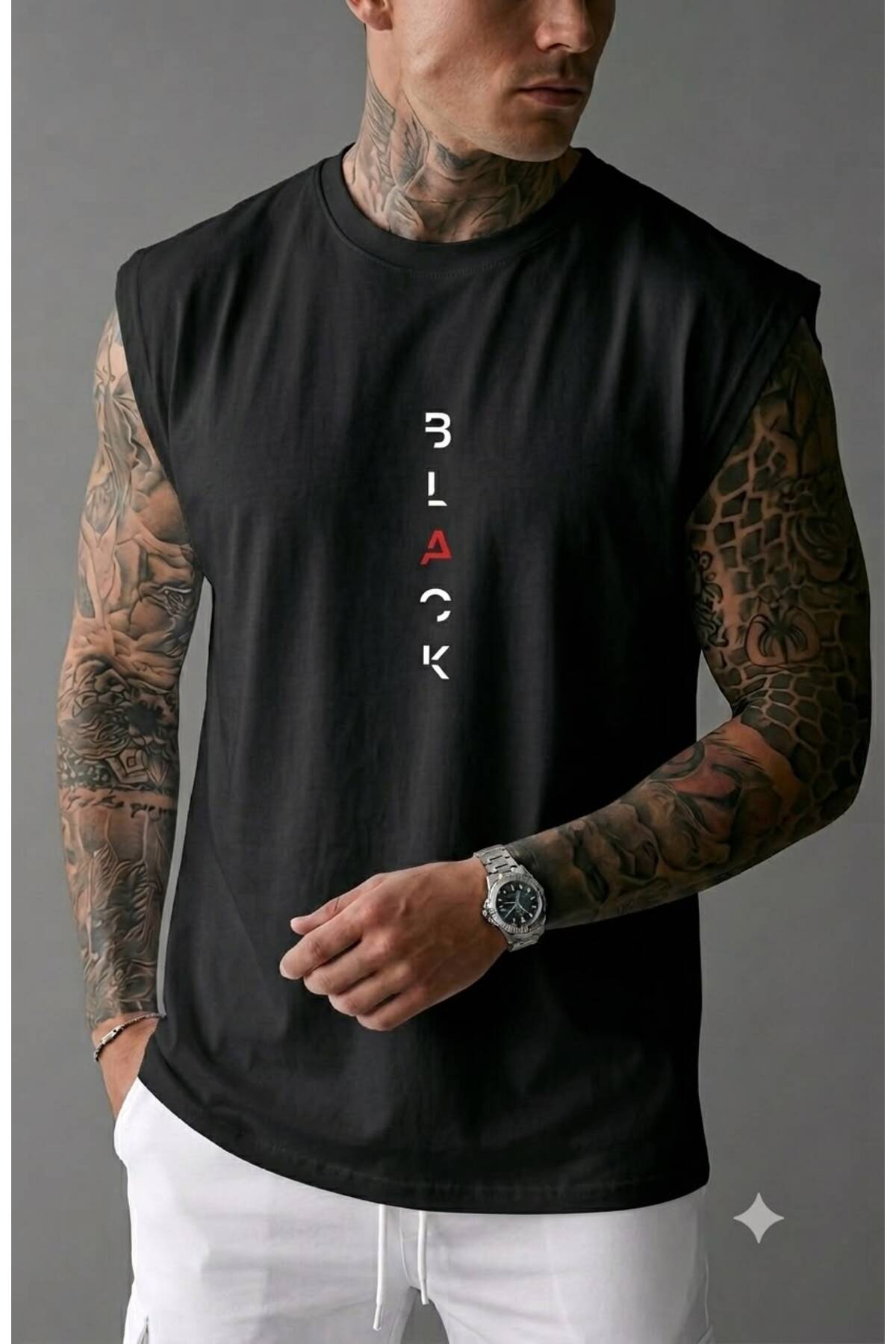BLACK Baskılı Erkek (Sıfır Kol) Kolsuz Sporcu Atlet T-shirt