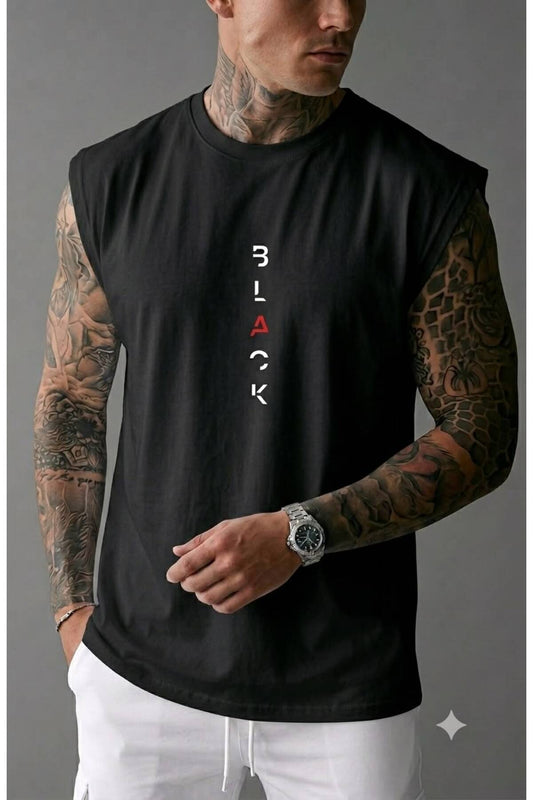 BLACK Baskılı Erkek (Sıfır Kol) Kolsuz Sporcu Atlet T-shirt