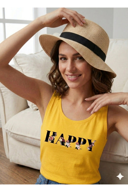 HAPPY Baskılı Omuzu Açık Kadın Atlet T-Shirt