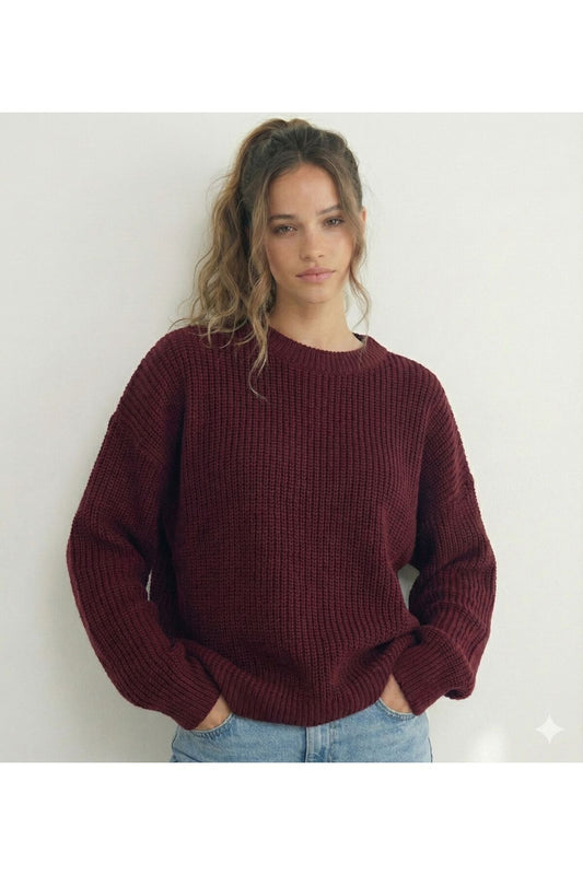 Bordo Bisiklet Yaka Oversize Kadın Triko Örme Kazak