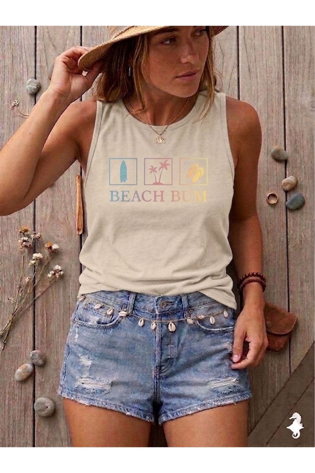 BEACH BUM Baskılı Kadın (Omuzu Açık) Slim Fit Askılı Tshirt