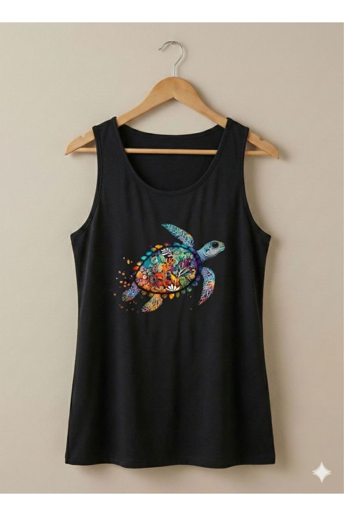 Kaplumbağa Baskılı Kadın Siyah Omuzu Açık Askılı Yazlık Pamuklu T-shirt
