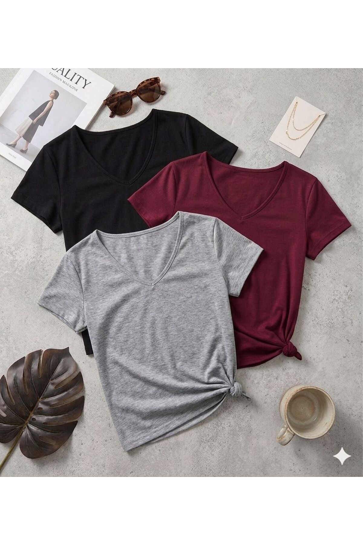 3 Adet Düz Regular Kalıp (V Yaka) Kadın T-Shirt