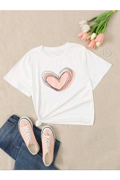 Unisex Beyaz Bisiklet Yaka Pamuk Tshirt Pembe Kalp Baskılı