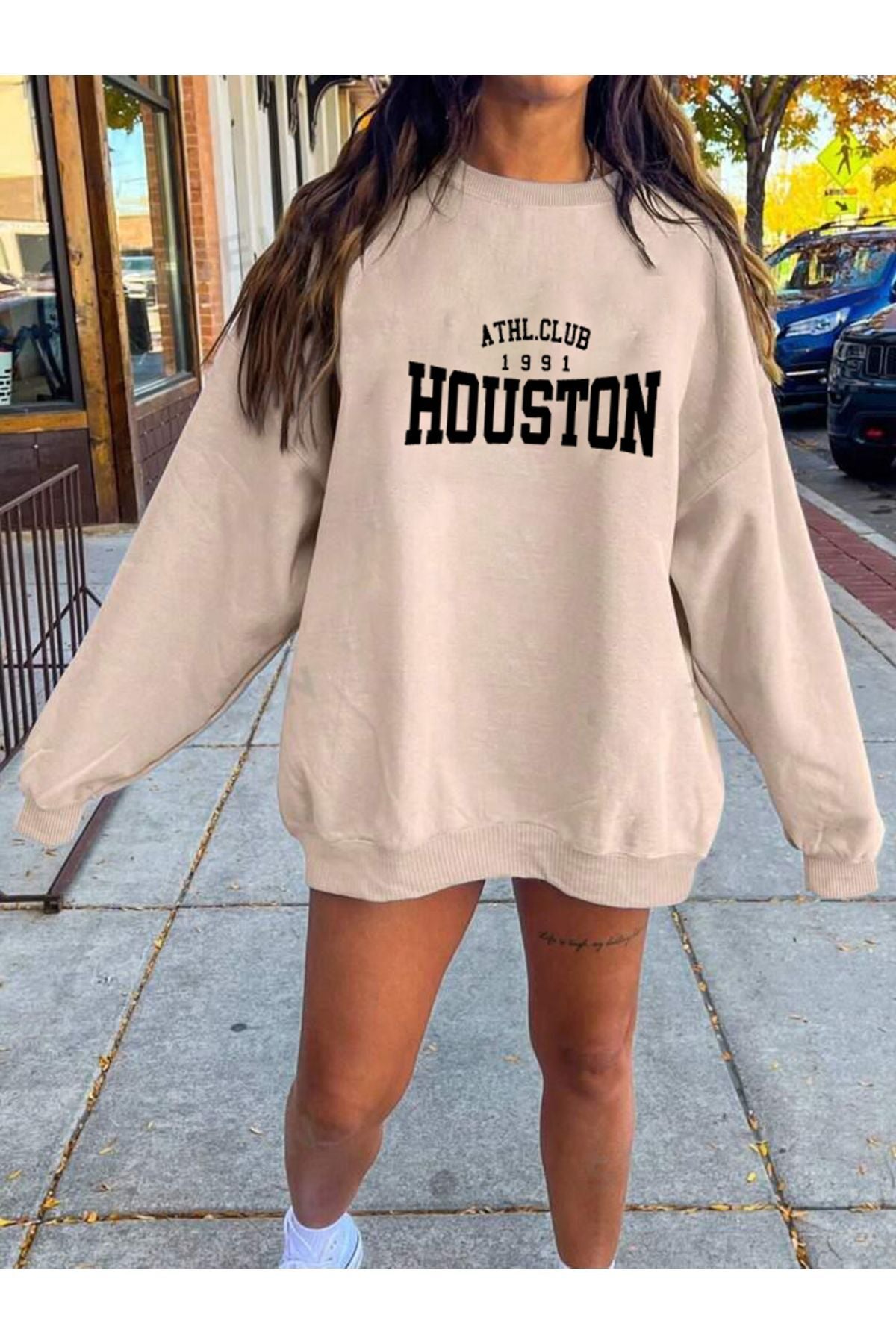 HOUSTON 1989 Baskılı Bisiklet Yaka Pamuklu Sweatshirt
