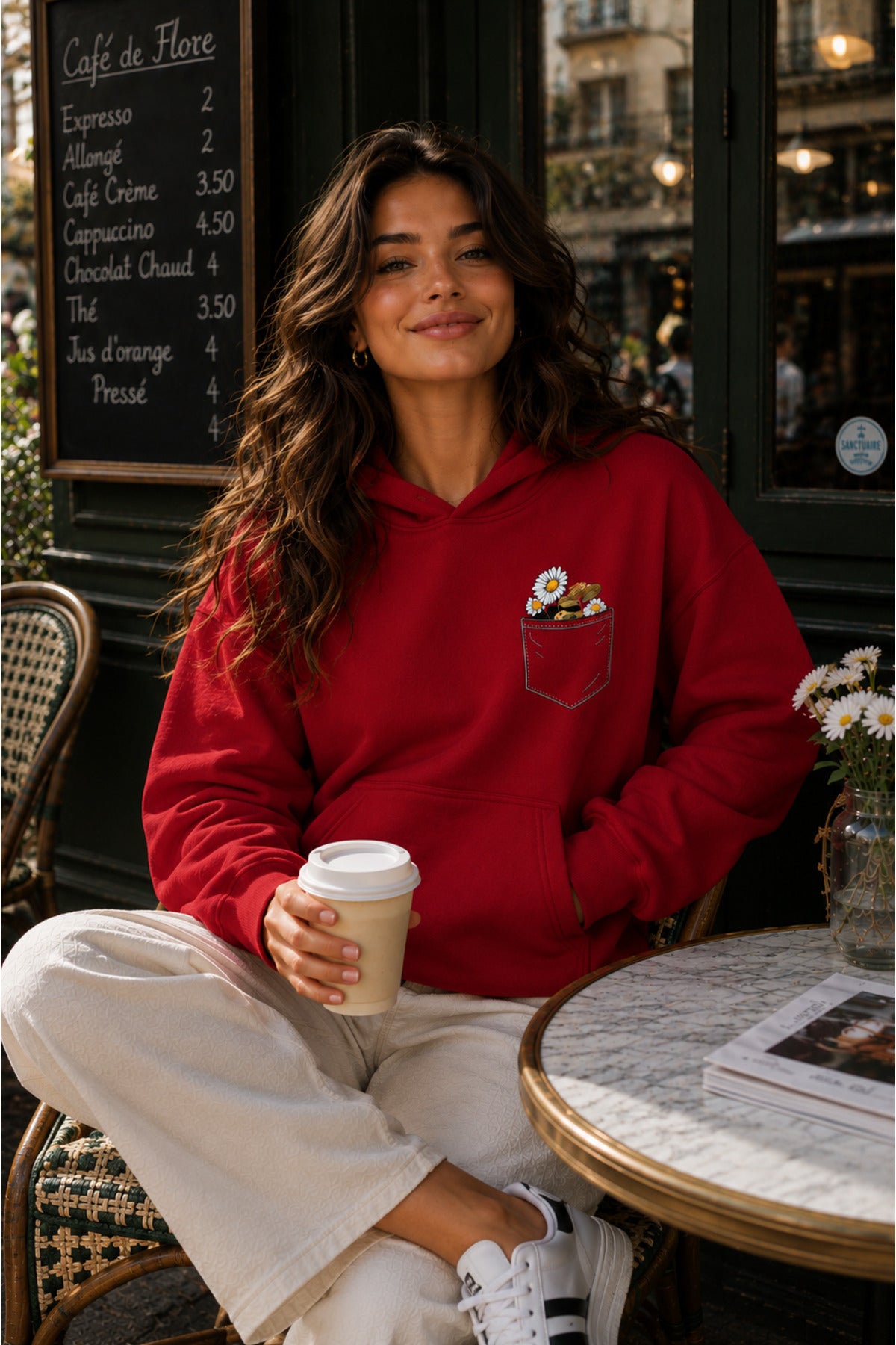 Kadın Cep Çiçek Baskılı KAPÜŞONLU Oversize Sweatshirt (3 İPLİK)