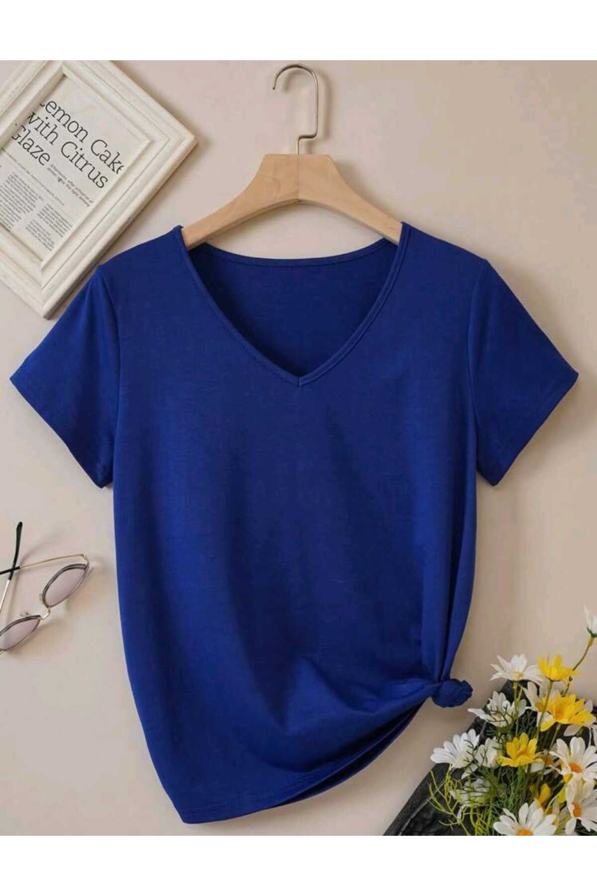 Kadın Yazlık V Yaka Tshirt Regular Fit Kalıp Düz Basic