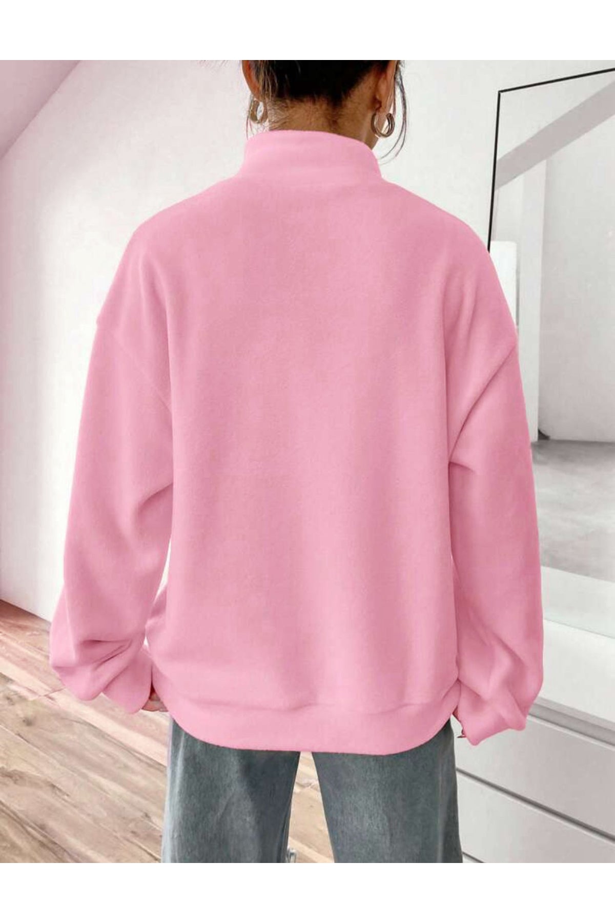 Dik Yaka Yarım Fermuarlı Düz Kazak Sweatshirt