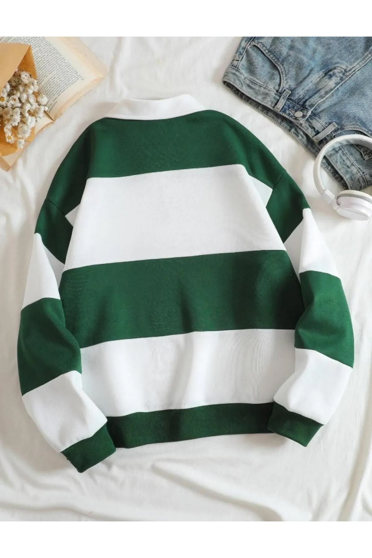 Original Unisex Kahverengi Çizgili Oversize Polo Yaka Yarım Fermuarlı Sweatshirt