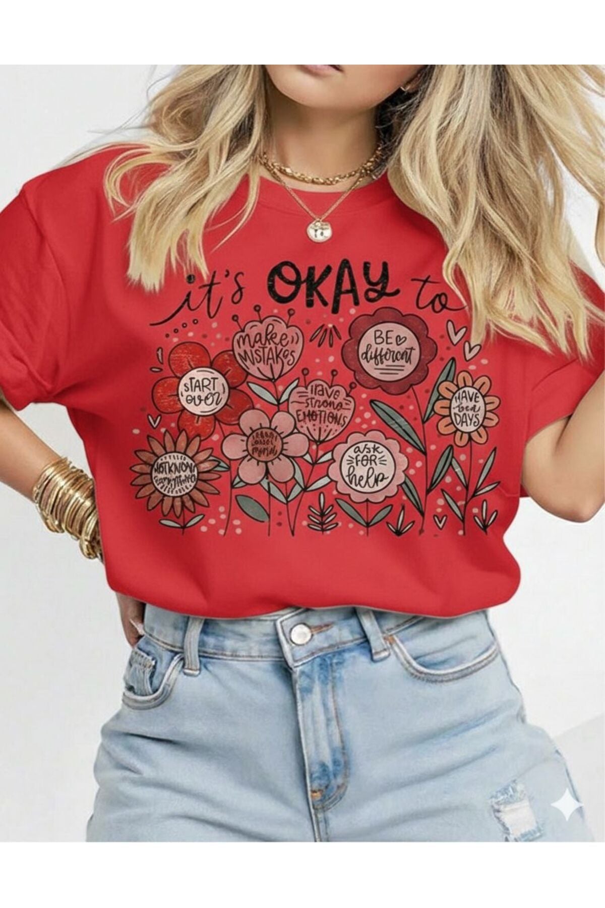 it's Okay To Çiçekler Kısa Kollu Pamuklu Tshirt