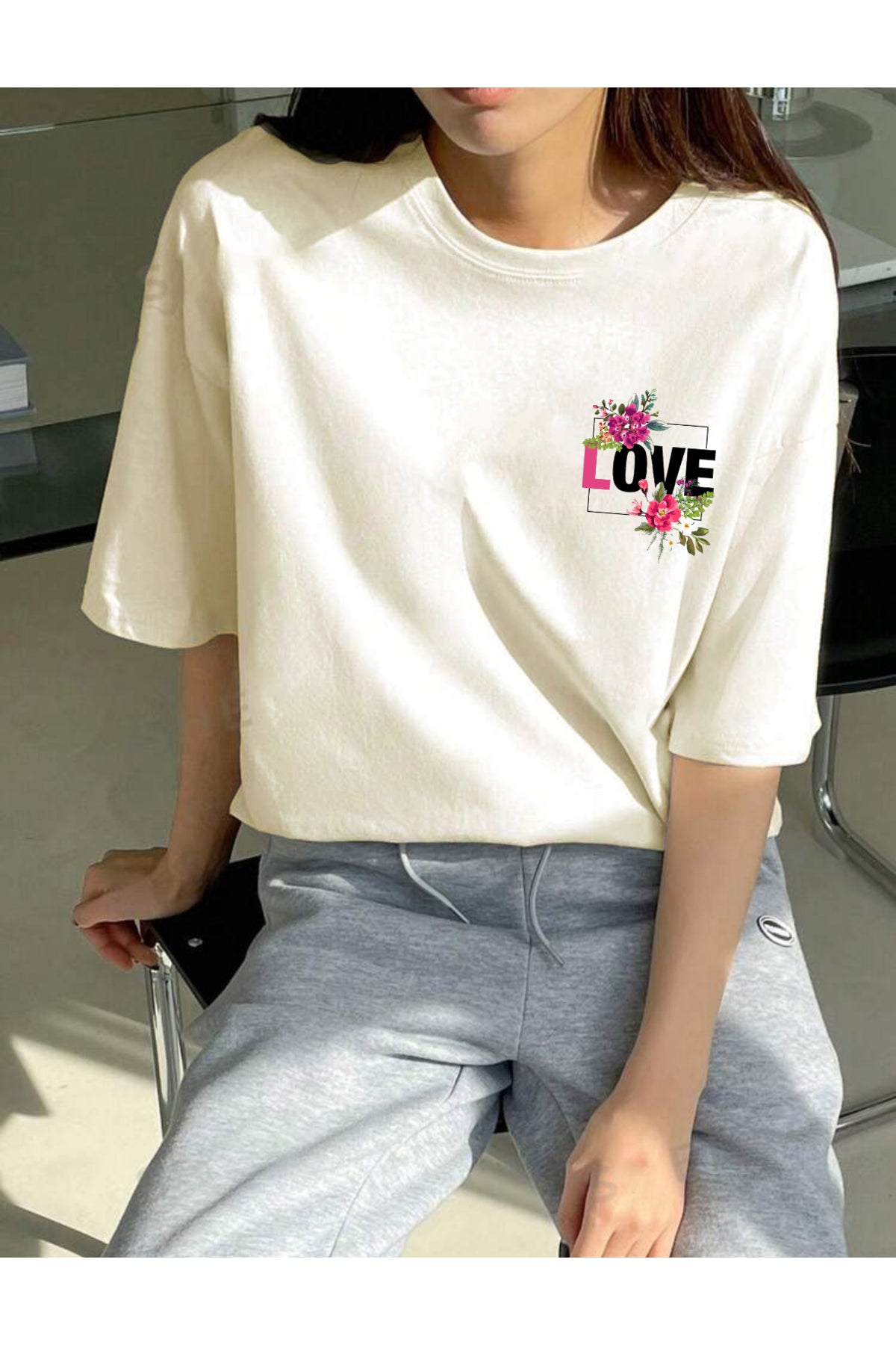 LOVE Baskılı Pamuklu Bisiklet Yaka Oversize Tshirt