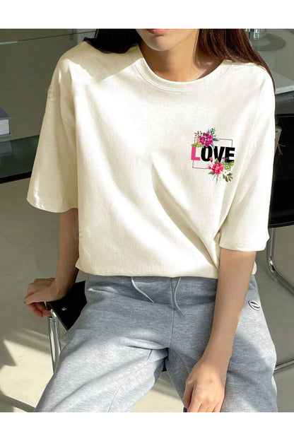 LOVE Baskılı Pamuklu Bisiklet Yaka Oversize Tshirt