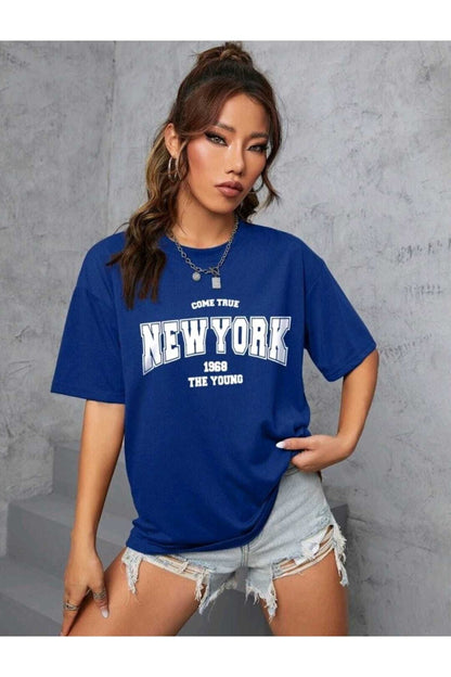 Come True New York Baskılı Oversize Spor Bisiklet Yaka Pamuklu Tshirt