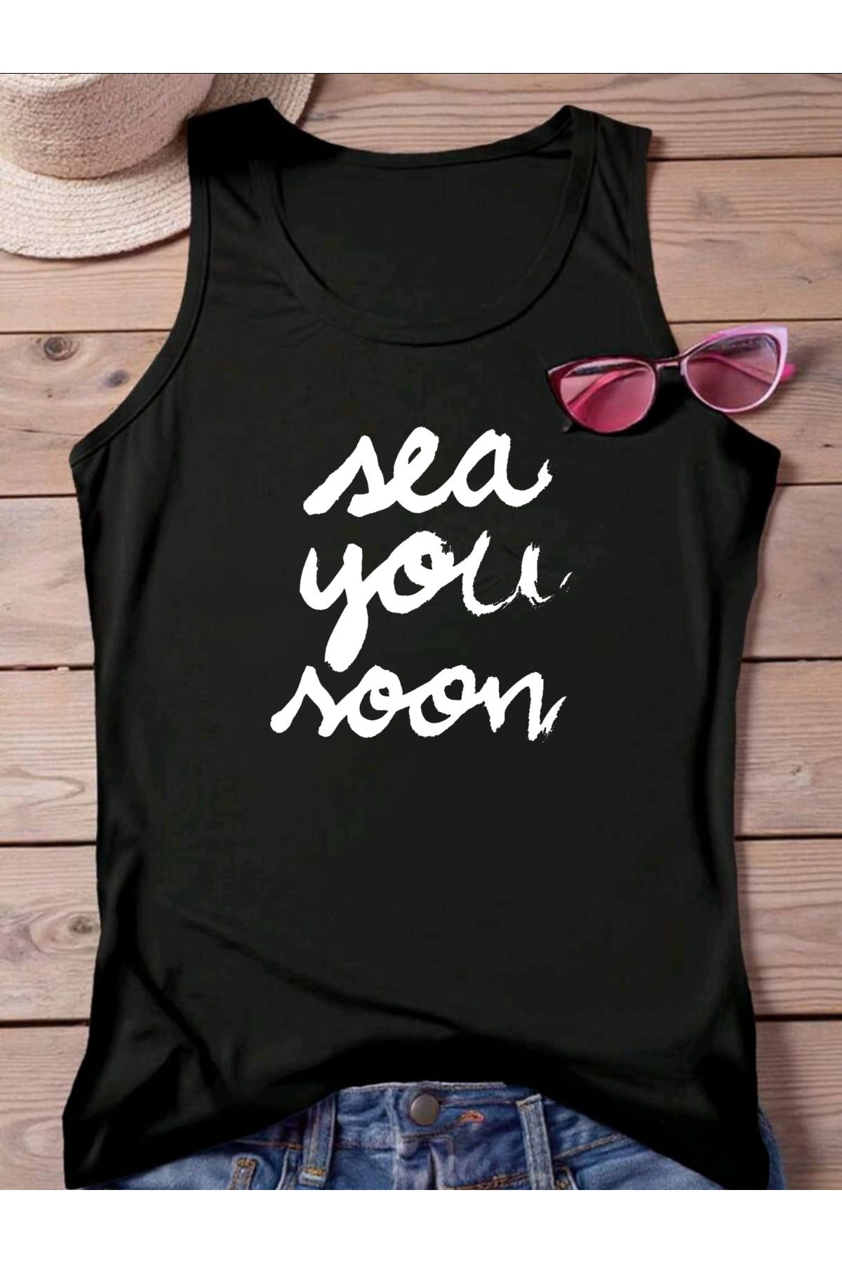 Sea You Noon Baskılı Omuzu Açık Kadın Pamuklu Kolsuz Yazlık T-shirt Atlet