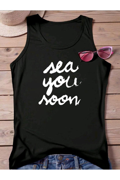 Sea You Noon Baskılı Omuzu Açık Kadın Pamuklu Kolsuz Yazlık T-shirt Atlet