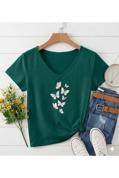 KELEBEKLER Baskılı Kadın V Yaka Regular Kalıp Tshirt (Anneler Gününe Özel Seri)