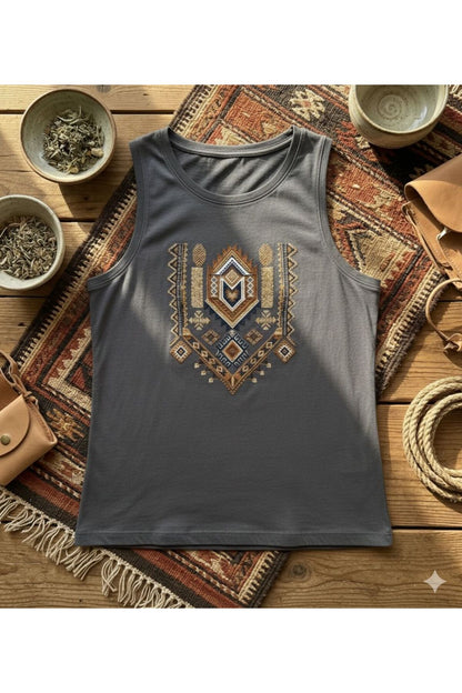 Etnik Desen Baskılı Kadın Omuzu Açık Kolsuz Askılı Tshirt