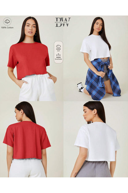 Kadın Crop 2'li Takım T-shirt Düz Baskısız (oversize) Pamuklu Bisiklet Yaka