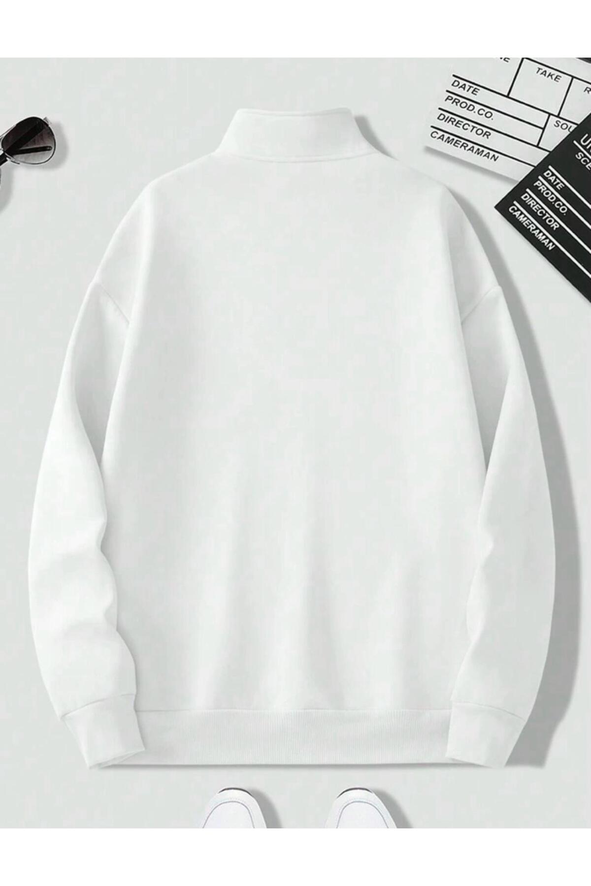 Dik Yaka Yarım Fermuarlı Düz Kazak Sweatshirt