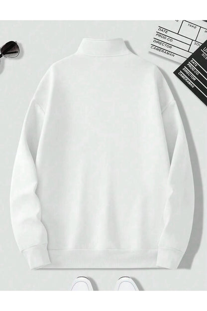 Dik Yaka Yarım Fermuarlı Düz Kazak Sweatshirt