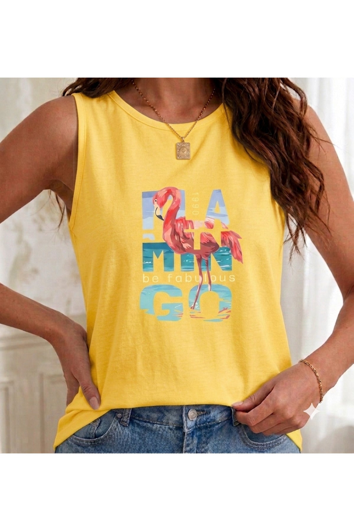 1990 Flamingo Baskılı ( Omuzu Açık ) Kadın Askılı Atlet T-shirt