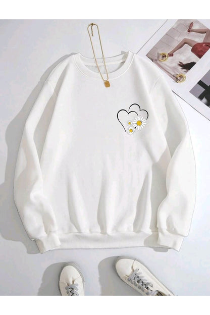 Çizgi Kalp ve Papatya Baskılı Oversize Kalıp Bisiklet Yaka Sweatshirt