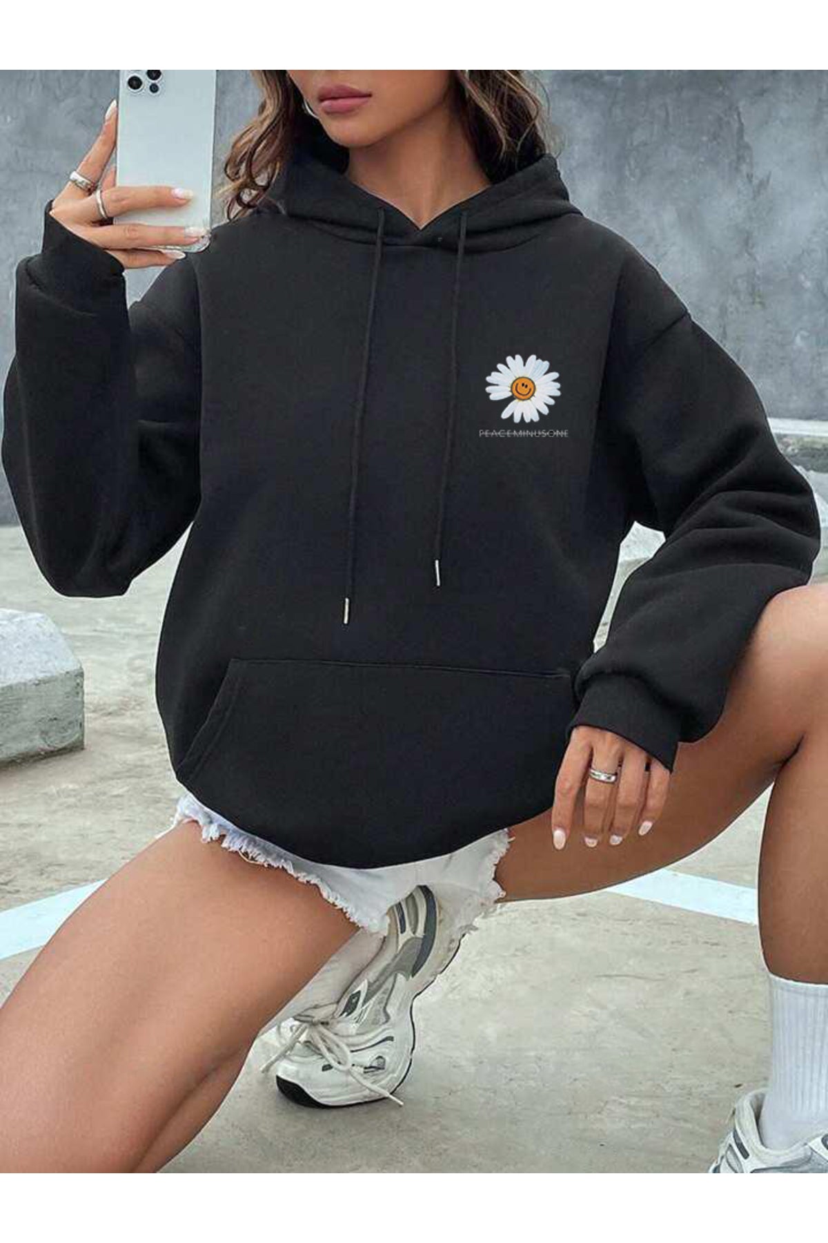 PEACE Paptya Baskılı Oversize Kapşonlu Sweatshirt