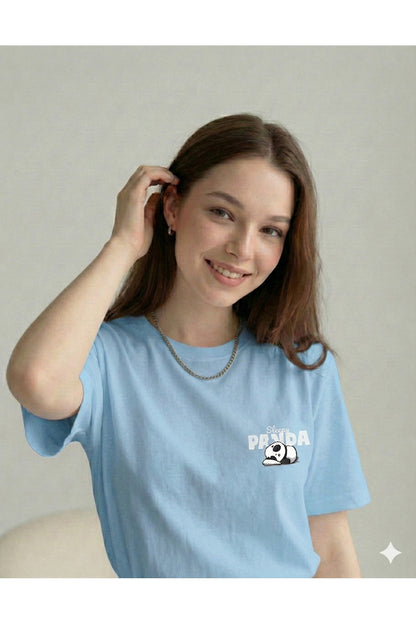 Sleepy Panda Baskılı Regular Kalıp Pamuklu Kadın Tshirt Tişört T-Shirt